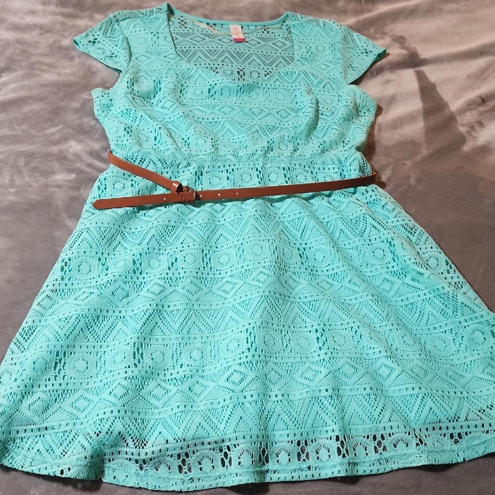 No Boundaries Teal Lace Dress with Tan Belt